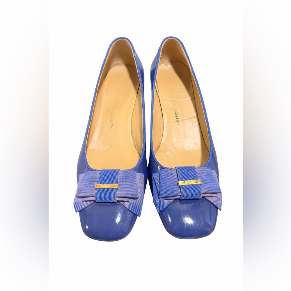 Salvatore Ferragamo Blue Patent Bow-Trim Flats